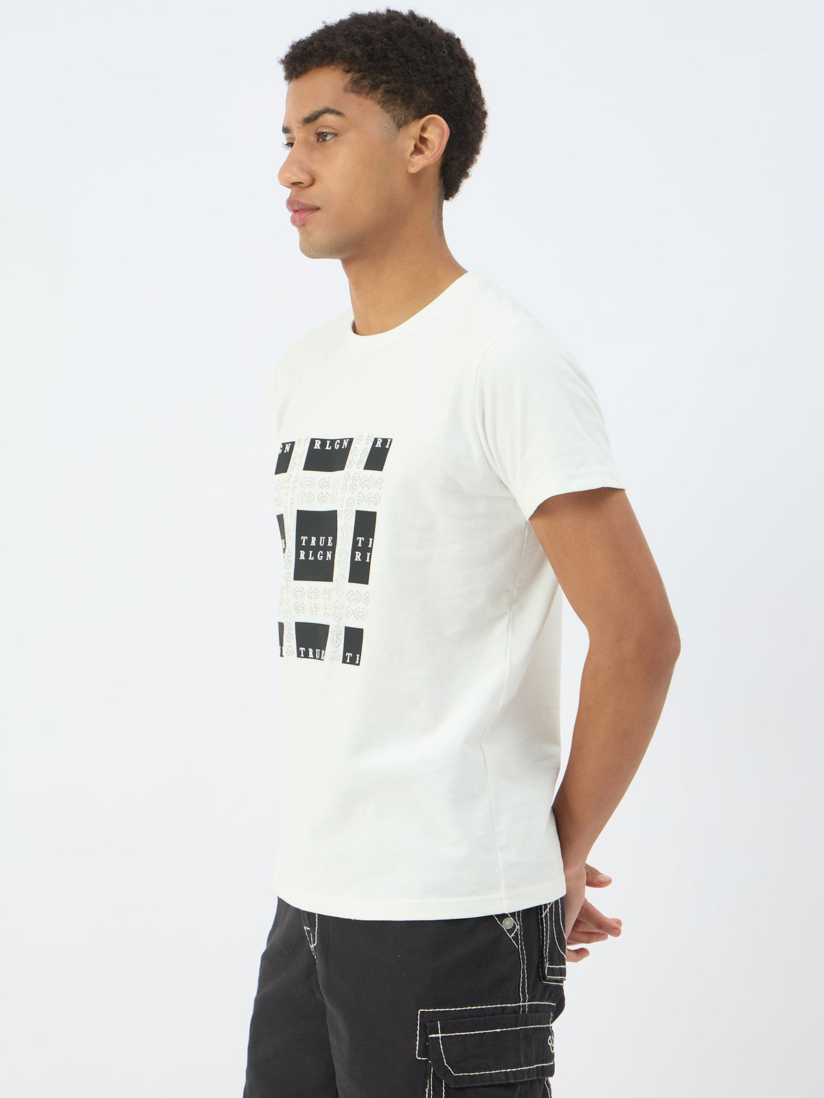 True Religion Men Cream Solid Round Neck Tshirt