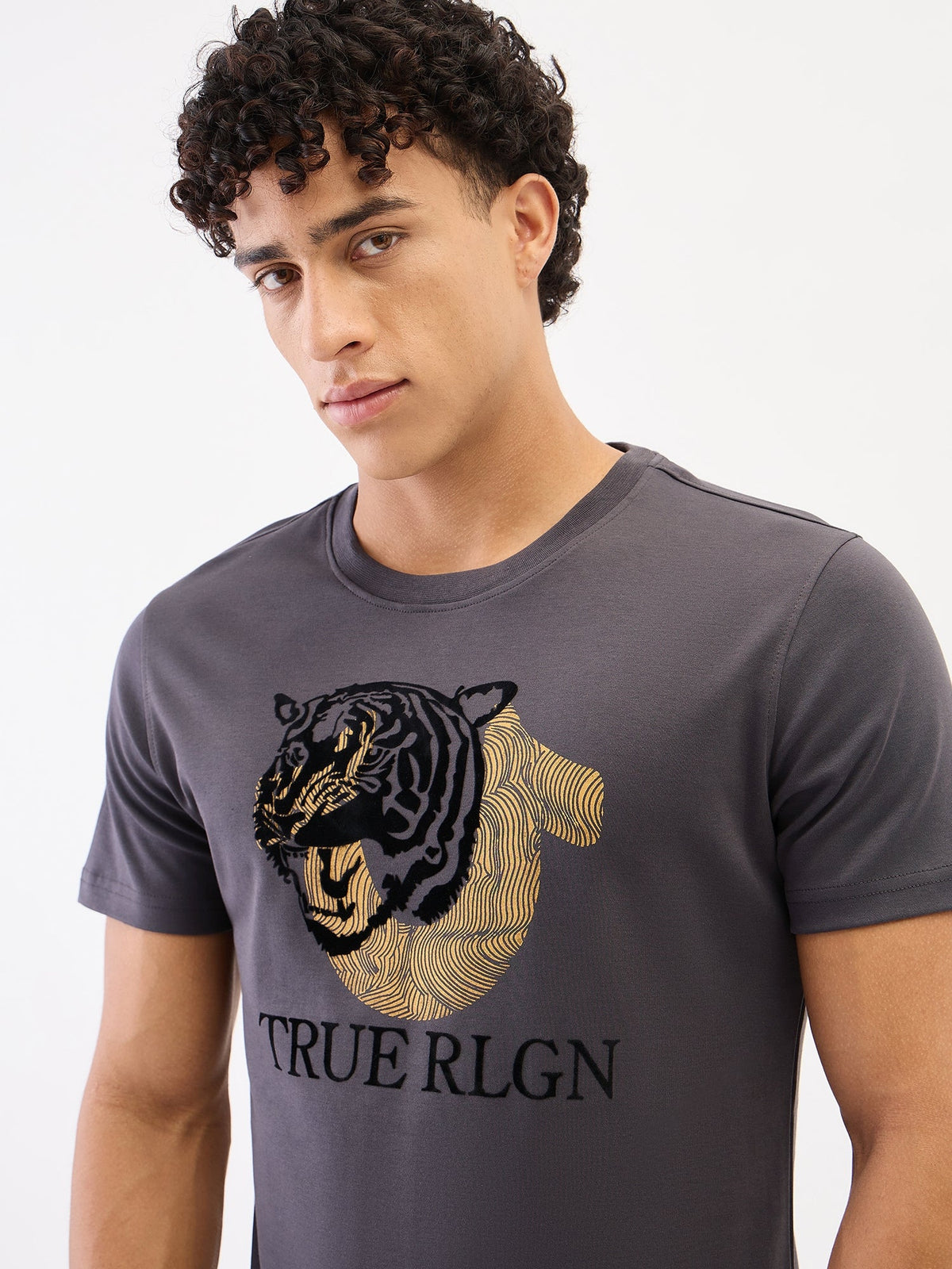 True Religion Men Grey Solid Round Neck Tshirt