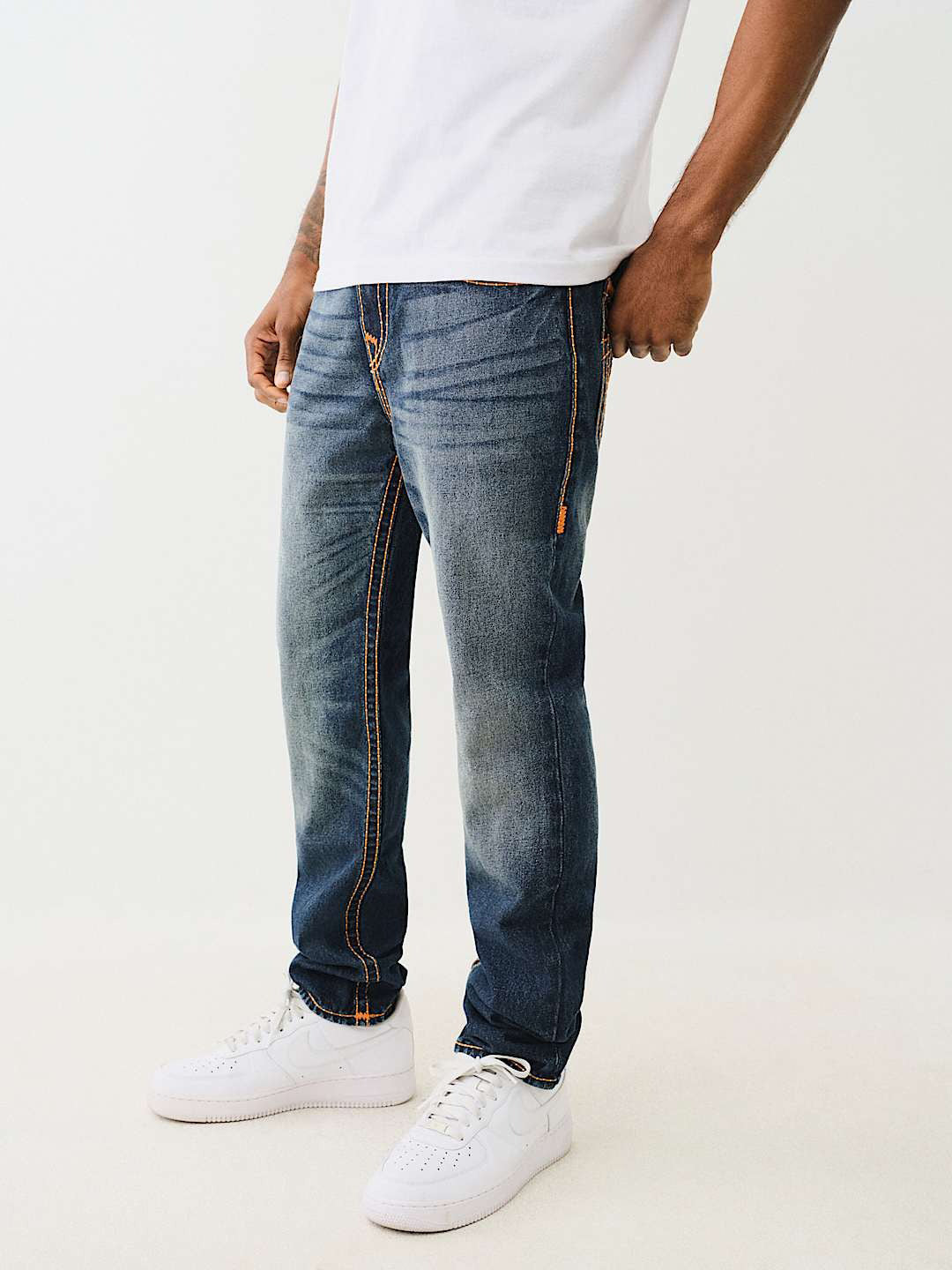 True Religion Pickstitch Rocco Slim Fit Blue Mid Rise Washed Jeans