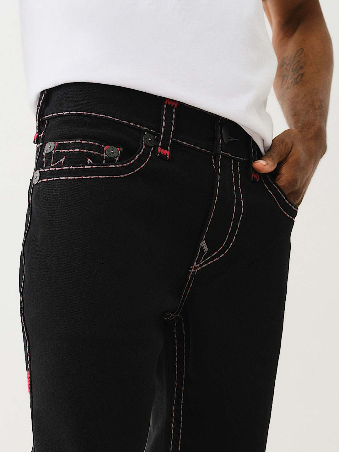 True Religion Pickstitch Ricky Straight Fit Black Mid Rise Solid Jeans