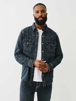 True Religion Men Blue Classic Point Collar Full Sleeves Contrast Stitching Denim Shirt