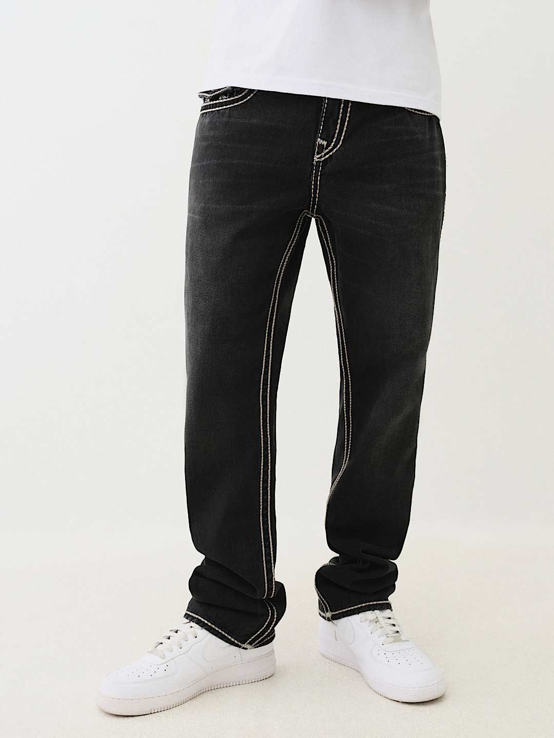 True Religion Rope Stitch Ricky Straight Fit Black Mid Rise Washed Jeans