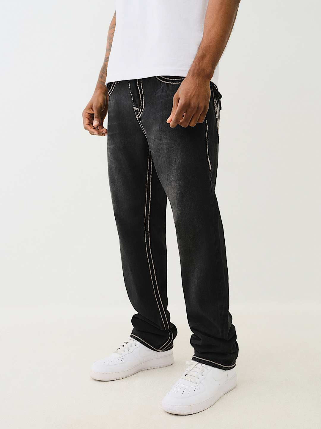 True Religion Rope Stitch Ricky Straight Fit Black Mid Rise Washed Jeans