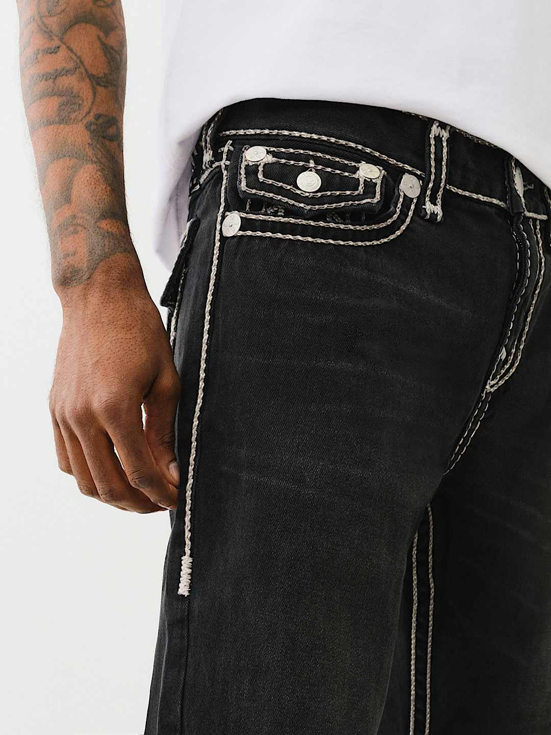 True Religion Rope Stitch Ricky Straight Fit Black Mid Rise Washed Jeans