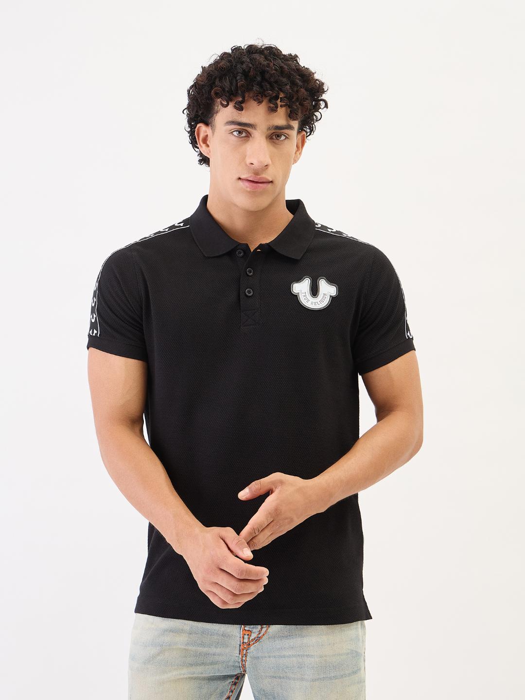 Men black solid polo tshirt