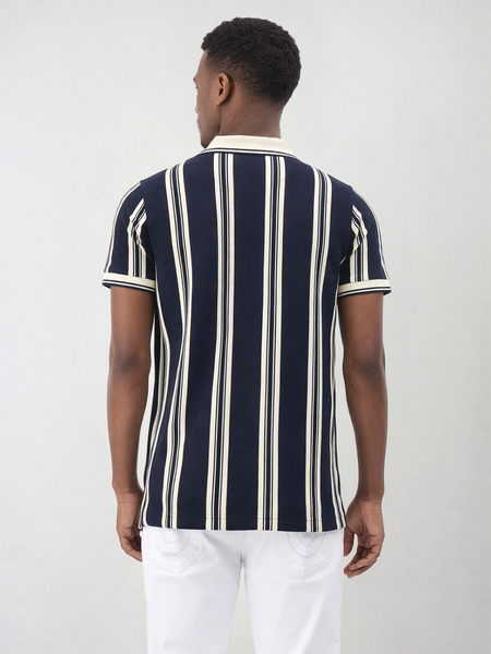 True Religion Men Navy Blue Striped Regular Fit Polo T-Shirt
