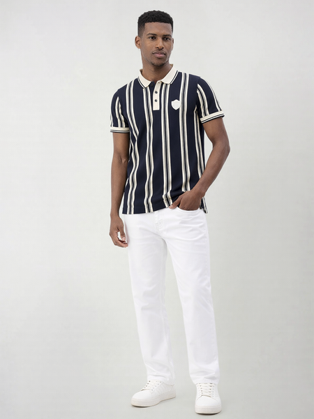 True Religion Men Navy Blue Striped Regular Fit Polo T-Shirt