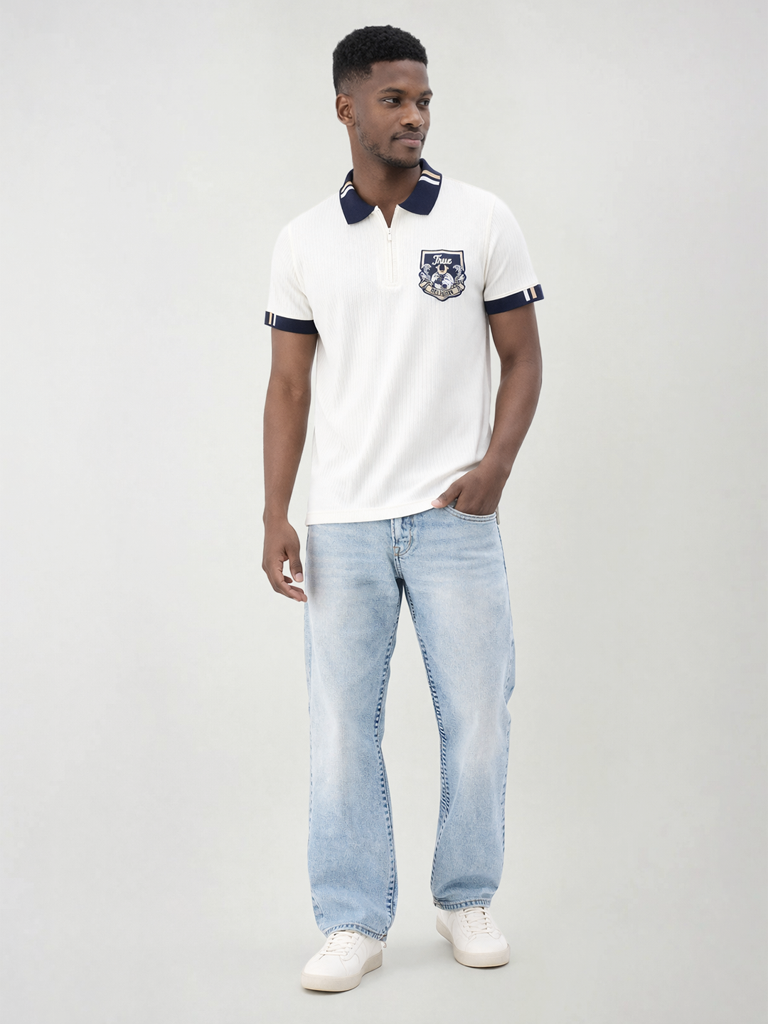 True Religion Men Cream Solid Regular Fit Polo T-Shirt