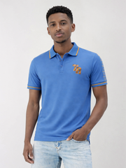 True Religion Men Blue Solid Regular Fit Pure Cotton Polo T-Shirt