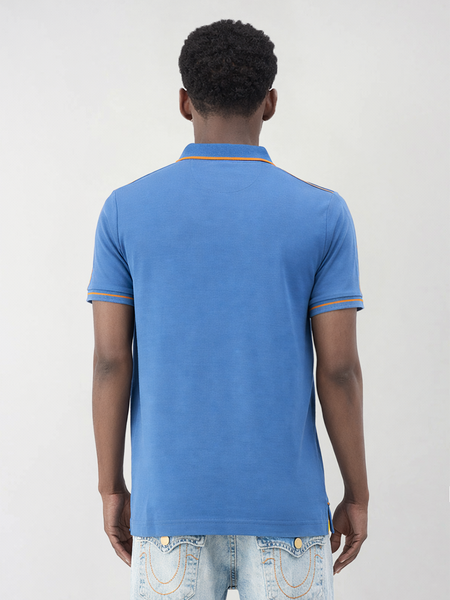 True Religion Men Blue Solid Regular Fit Pure Cotton Polo T-Shirt