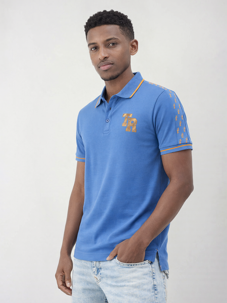 True Religion Men Blue Solid Regular Fit Pure Cotton Polo T-Shirt