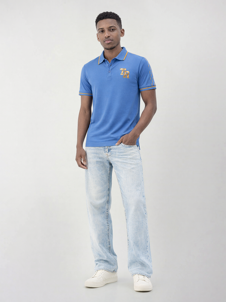True Religion Men Blue Solid Regular Fit Pure Cotton Polo T-Shirt