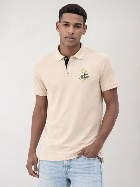 True Religion Men Beige Solid Regular Fit Pure Cotton Polo T-Shirt