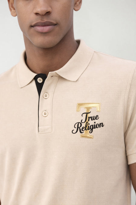 True Religion Men Beige Solid Regular Fit Pure Cotton Polo T-Shirt