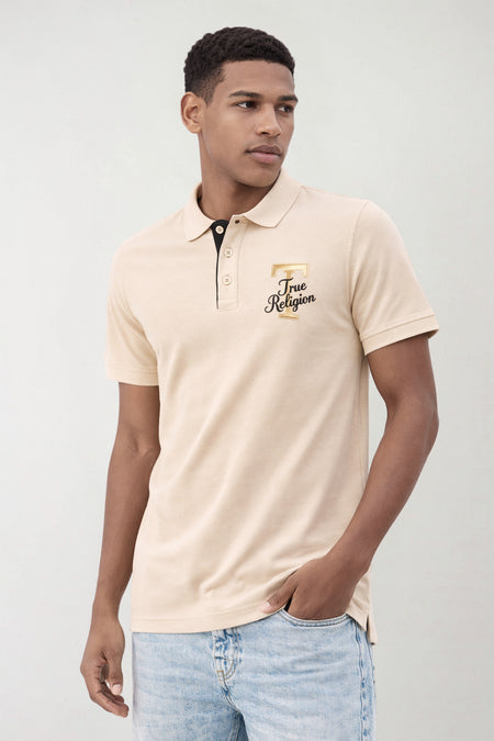 True Religion Men Beige Solid Regular Fit Pure Cotton Polo T-Shirt
