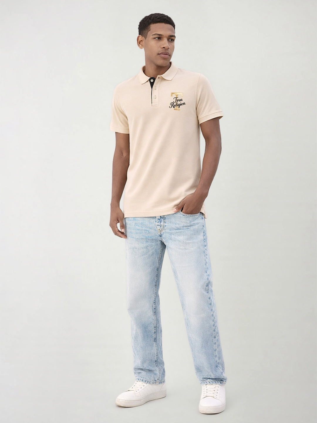 True Religion Men Beige Solid Regular Fit Pure Cotton Polo T-Shirt