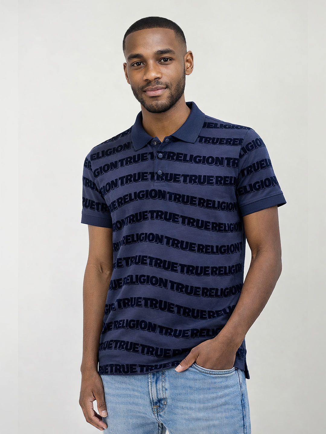 Men indigo blue printed regular fit pure cotton polo t-shirt
