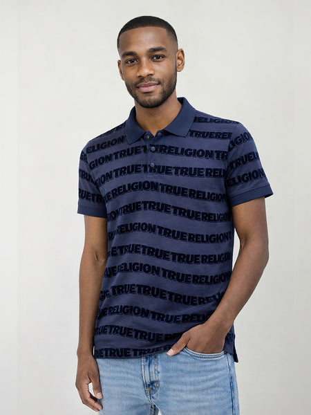 True Religion Men Indigo Blue Printed Regular Fit Pure Cotton Polo T-Shirt