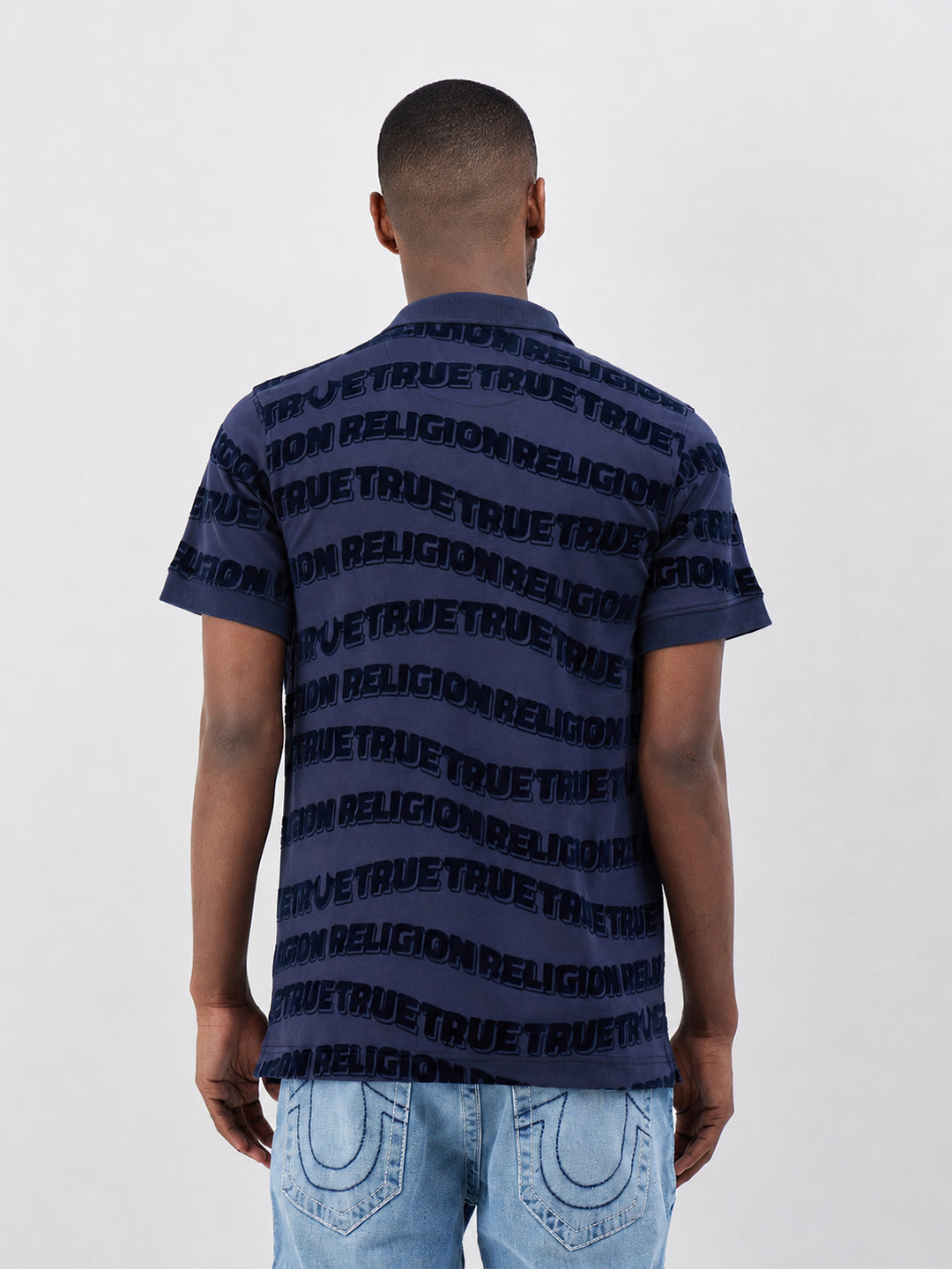 True Religion Men Indigo Blue Printed Regular Fit Pure Cotton Polo T-Shirt