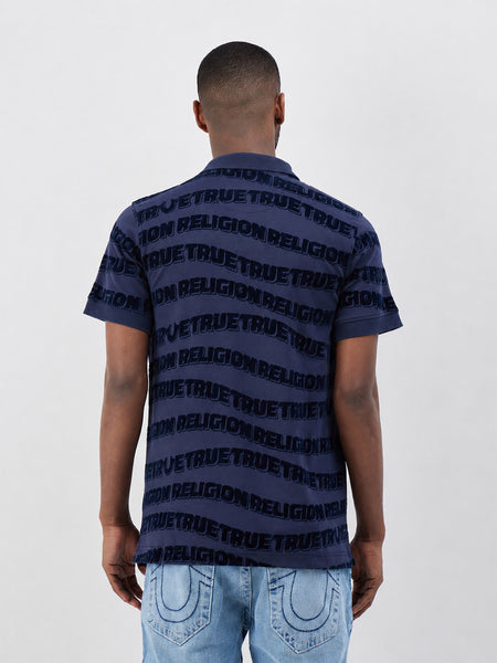 True Religion Men Indigo Blue Printed Regular Fit Pure Cotton Polo T-Shirt