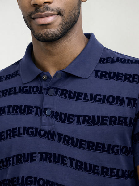 True Religion Men Indigo Blue Printed Regular Fit Pure Cotton Polo T-Shirt