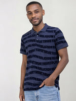 True Religion Men Indigo Blue Printed Regular Fit Pure Cotton Polo T-Shirt