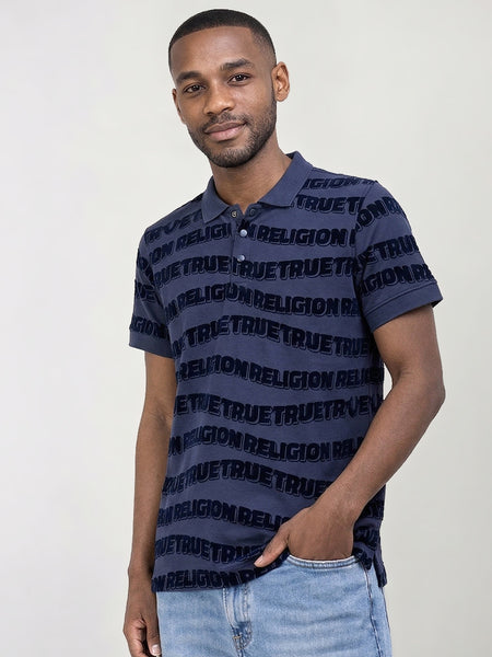 True Religion Men Indigo Blue Printed Regular Fit Pure Cotton Polo T-Shirt