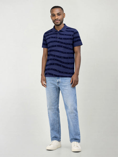 True Religion Men Indigo Blue Printed Regular Fit Pure Cotton Polo T-Shirt
