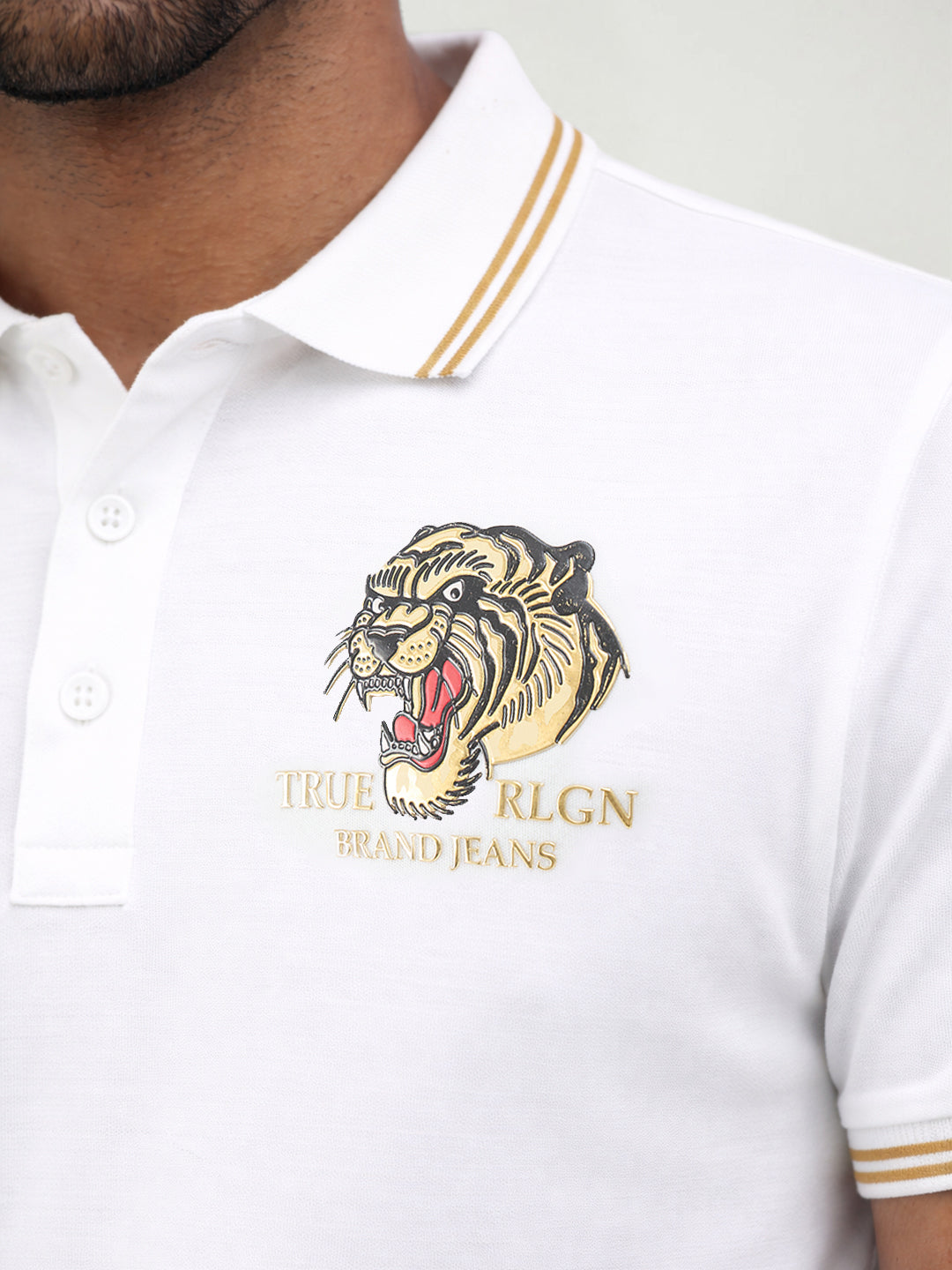 True Religion Men White Solid Regular Fit Pure Cotton Polo T-Shirt