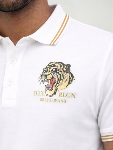 True Religion Men White Solid Regular Fit Pure Cotton Polo T-Shirt