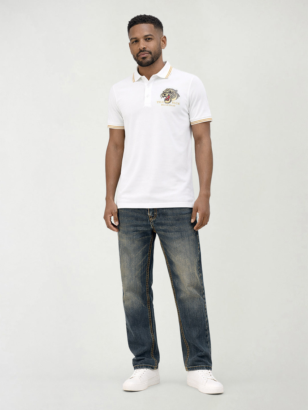 True Religion Men White Solid Regular Fit Pure Cotton Polo T-Shirt