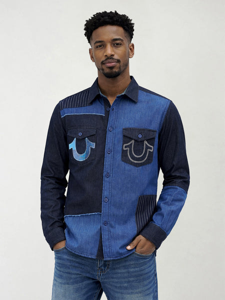 True Religion Men Blue Colorblock Regular Fit Pure Cotton Shirt