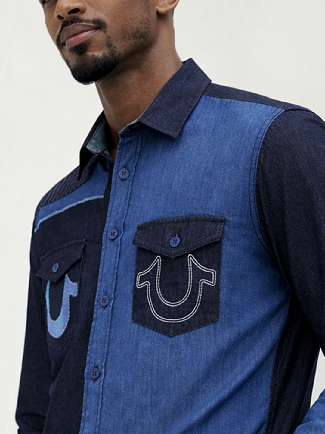True Religion Men Blue Colorblock Regular Fit Pure Cotton Shirt
