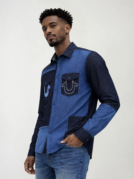 True Religion Men Blue Colorblock Regular Fit Pure Cotton Shirt