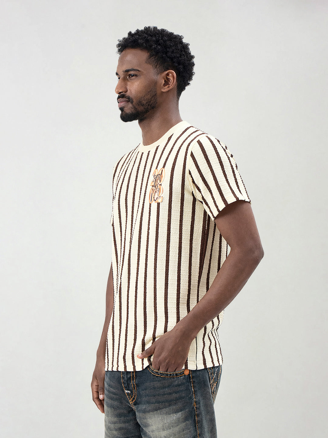 True Religion Men Beige Striped Regular Fit T-Shirt