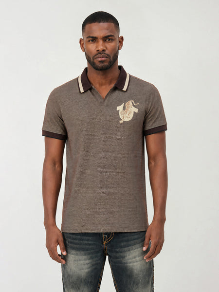 True Religion Men Brown Woven Design Regular Fit Polo T-Shirt
