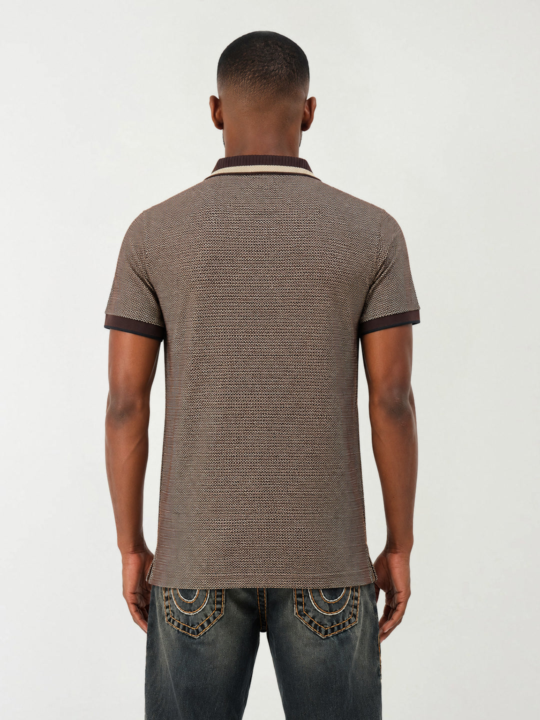True Religion Men Brown Woven Design Regular Fit Polo T-Shirt