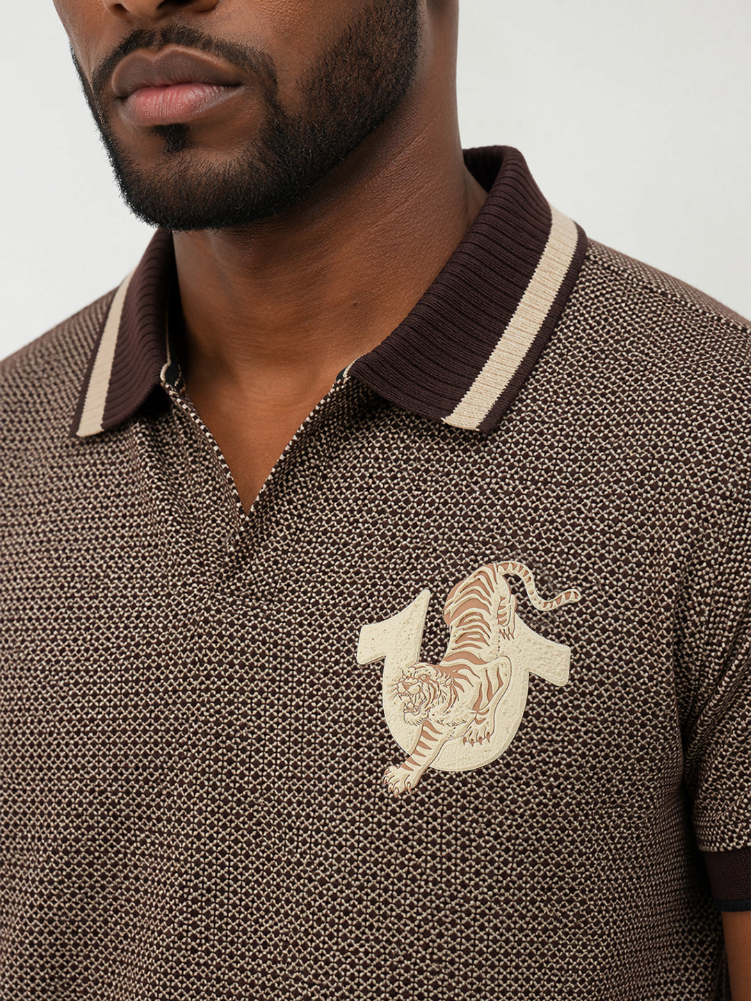 True Religion Men Brown Woven Design Regular Fit Polo T-Shirt