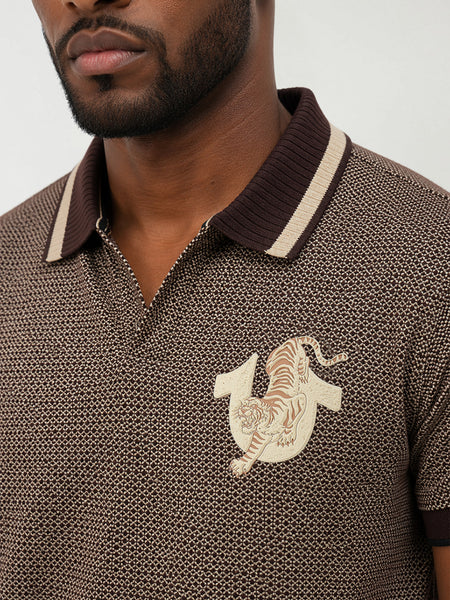 True Religion Men Brown Woven Design Regular Fit Polo T-Shirt