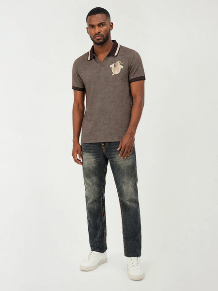 True Religion Men Brown Woven Design Regular Fit Polo T-Shirt