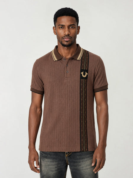 True Religion Men Brown Woven Design Regular Fit Polo T-Shirt