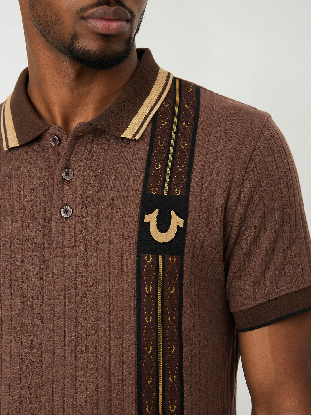 True Religion Men Brown Woven Design Regular Fit Polo T-Shirt
