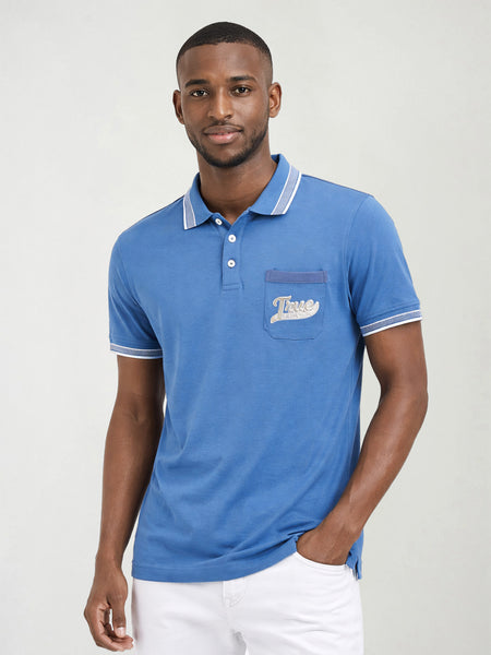 True Religion Men Blue Solid Regular Fit Polo T-Shirt