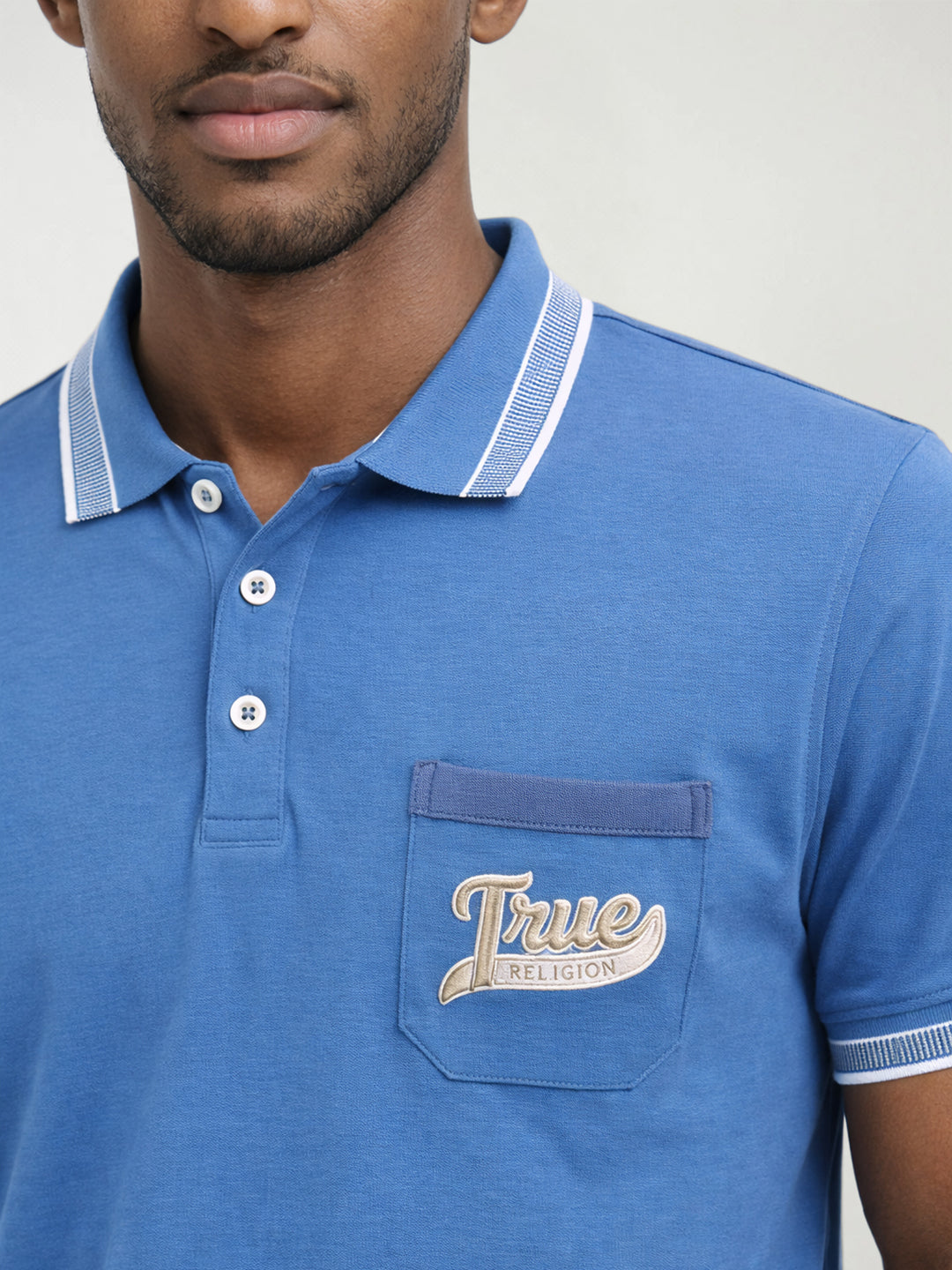 True Religion Men Blue Solid Regular Fit Polo T-Shirt