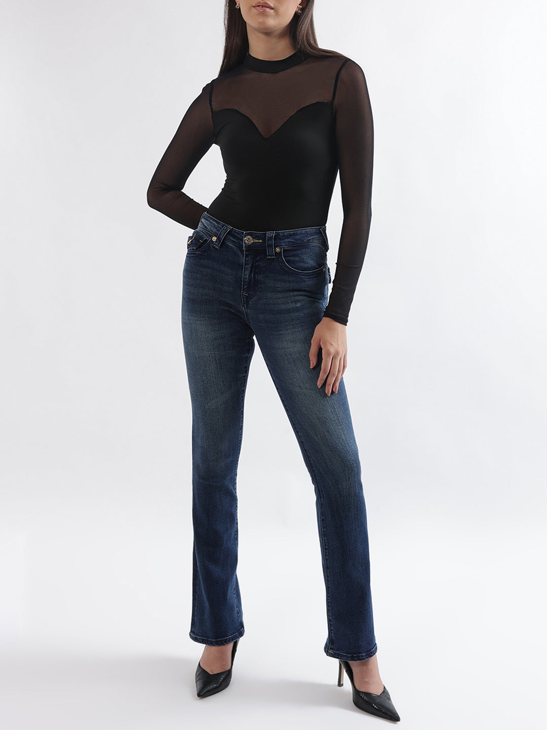 Womens rope stitch becca bootcut fit blue mid rise jeans