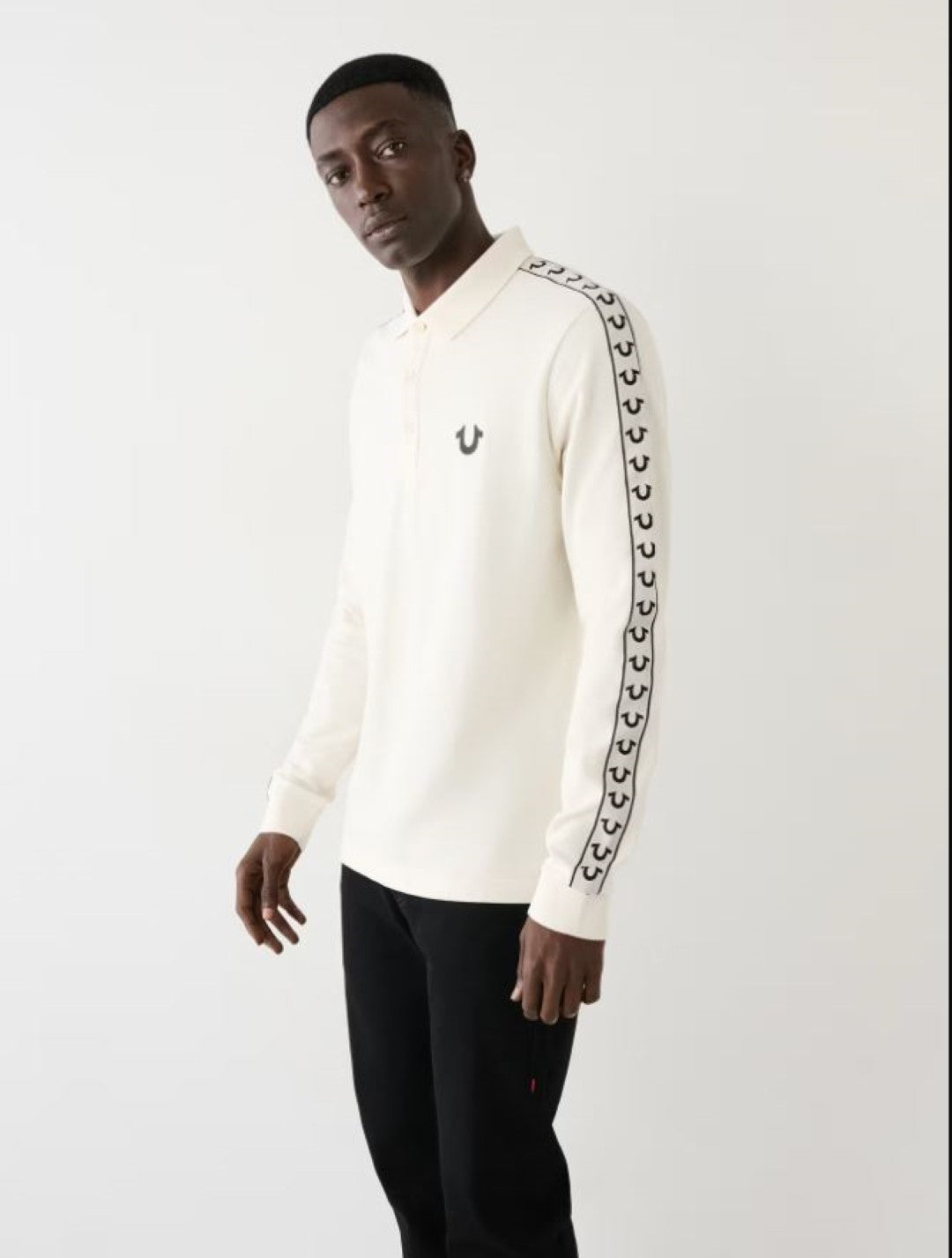 True Religion Men White Solid Polo Collar Full Sleeves Tshirt