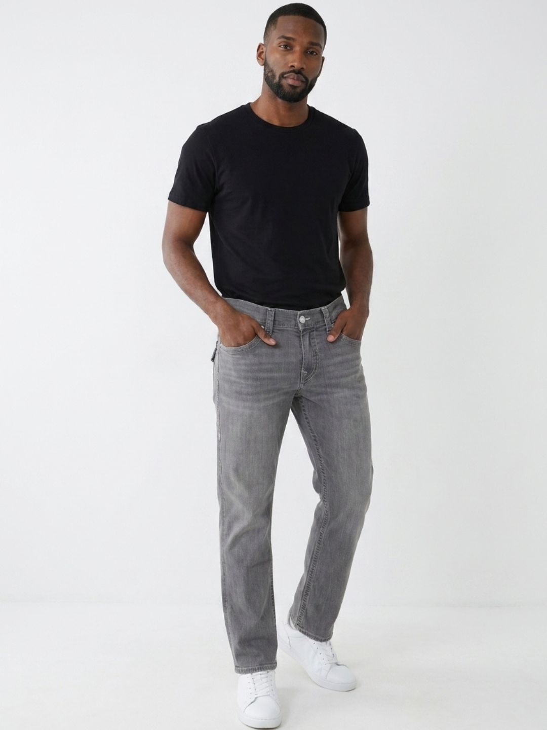 True Religion Men Grey Solid Straight Fit SN Ricky Jeans